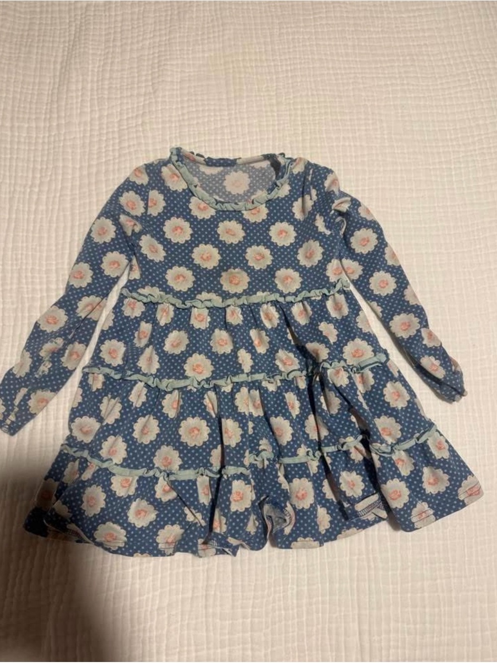 Girls' Blue Floral Tiered Long-Sleeve Dress